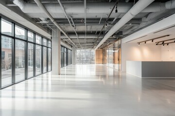 Modern, empty office space with exposed industrial elements.  Large windows offering city views.  Clean, bright, and minimalist