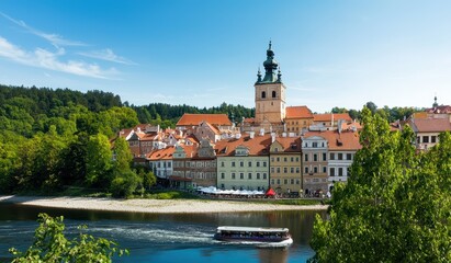 Obraz premium Scenic View of Historic Town by River with Colorful Houses and Tower