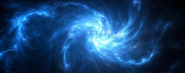 Abstract dark blue background. Glowing spiral lines. Shiny blue twisting circles design elements. Spiral and swirl motion. Modern futuristic technology horizontal banner