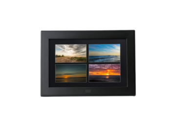 PNG Digital photo frame displaying four scenic sunset and beach landscape images