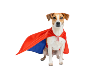 PNG Cute dog wearing a red superhero cape on a black background