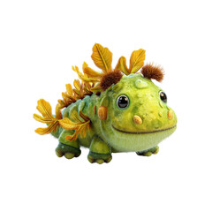 Fototapeta premium Adorable Green Fantasy Creature with Autumn Leaves