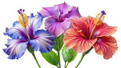 Vibrant Trio of Hibiscus Flowers Blooming in Colorful Artistic Display