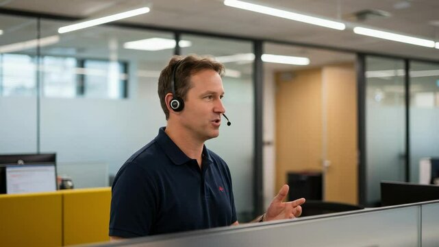 Middle-aged Caucasian male customer service representative engaging in a conversation while wearing a headset in a modern office environment