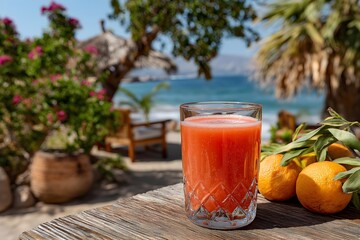 Vibrant Fresh Juice in Tall Glass on Rustic Wooden Table – Tropical Beach Paradise with Palm Trees, Summer Refreshment & Vacation Lifestyle