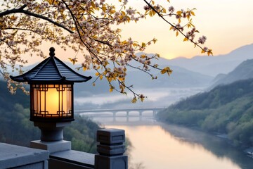 Chinese lantern illuminating misty valley at sunrise under cherry blossoms