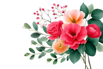 Fototapeta premium Bouquet of roses, ranunculus and eucalyptus leaves creating a delicate floral arrangement