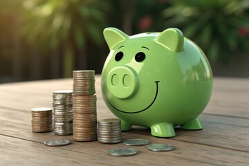 Green Piggy Bank with Coins on Wooden Table