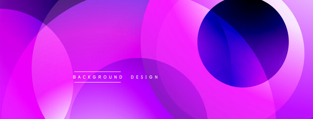Abstract vibrant design features overlapping circles, gradients. Pink, purple hues dominate composition. Modern aesthetic, clean lines present.