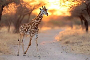 Obraz premium Young giraffe walking on a dirt road at sunset