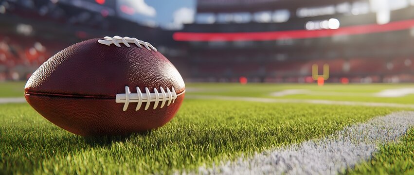 Gridiron Glory A Close-Up View of an American Football on a Lush Green Field, Ready for the Big Game Under a Bright Stadium Sky