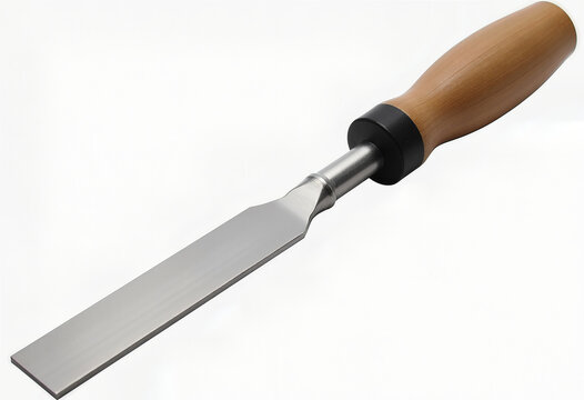 Side view of a masonry chisel with flat tip and rubber hand guard, fully isolated on a pure white background with margins, clean cut-out and no shadow
