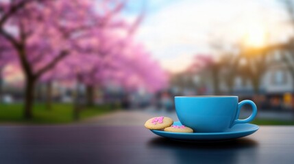 Colorful cup of coffee sits on a table next to decorated cookies, surrounded by blooming cherry blossoms in a sunny park setting
