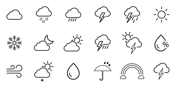 Weather icon set including clouds, rain, snow, storm, sun, wind, moon, humidity, rainbow, and umbrella symbols. Ideal for web, app, and forecast design. Icons, vector, symbols.