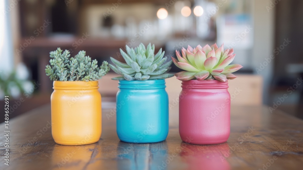 Poster brightly painted jars contain various succulents, adding a pop of color to a rustic wooden table on 
