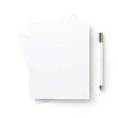 A square blank paper rests next to a white envelope and a pen, creating a sense of anticipation.