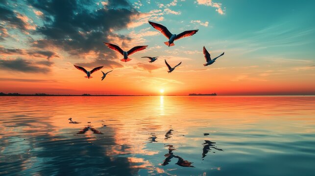 Scenic flight of seagulls over tranquil sea capturing sunset reflections painting sky with warm tones nature photography - Powered by Adobe