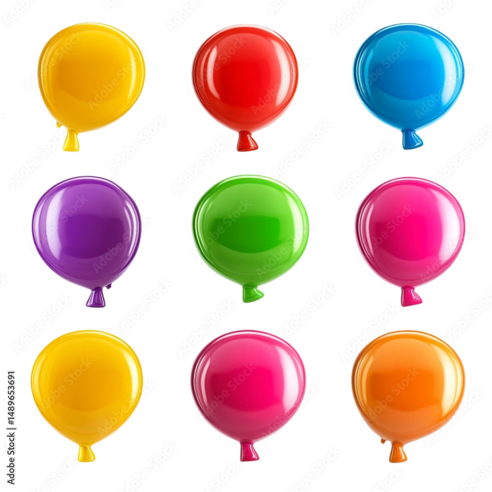 Poster nine colorful balloons arranged in a grid on a striped background a fun party design