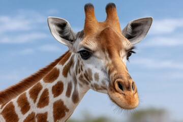 Obraz premium Giraffe head and neck looking forward with blue sky background