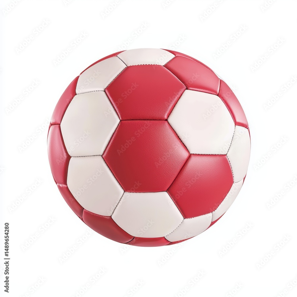 Poster red and white soccer ball with hexagonal pattern on white background