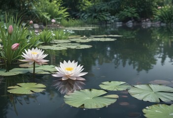 Subtle watercolor water lilies, serene garden scene,  flowers,  calm,  illustration