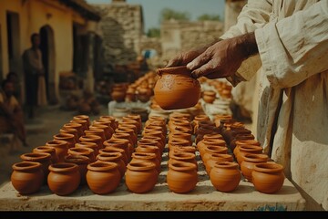 Potter displays handcrafted earthen clay pots