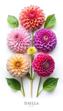 Colorful Dahlia Flowers Arranged Vertically on a White Background with Green Leaves