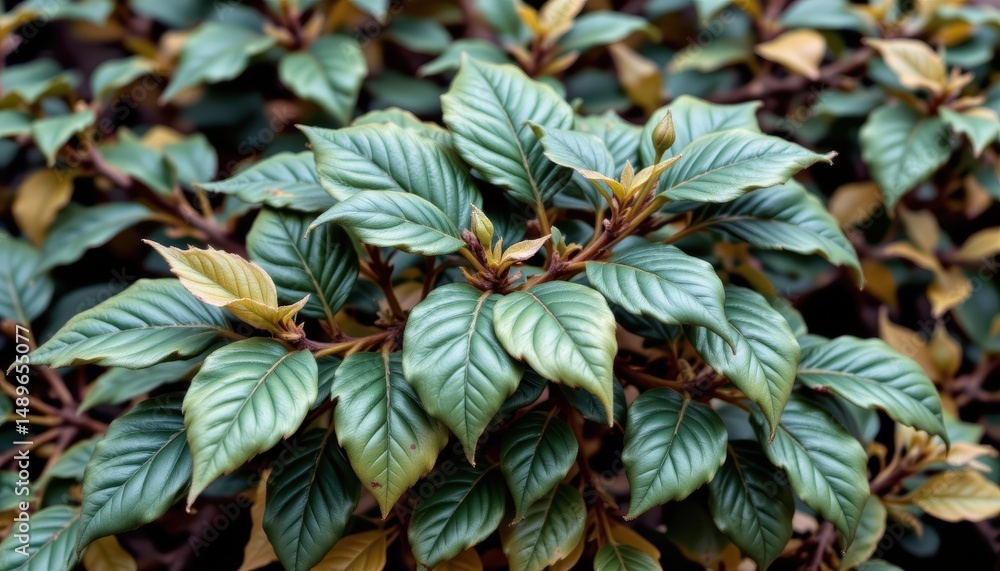 Poster close-up of glossy green leaves with subtle color variations in a lush botanical setting