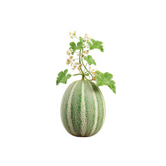 Oval Green Melon with Blooming Vine and White Flowers on white background