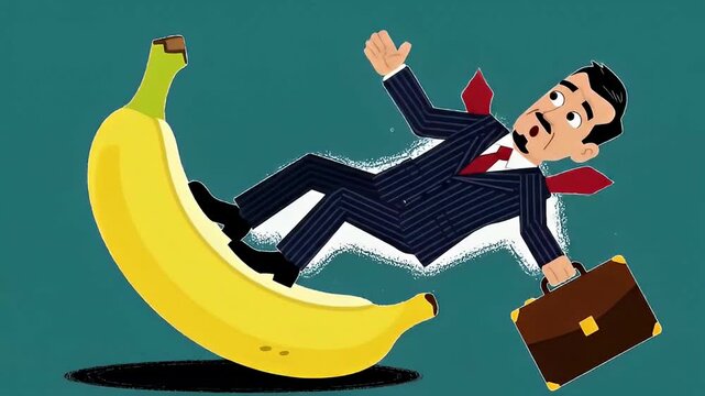 Businessman slip on banana peel cartoon animation. 4K Video