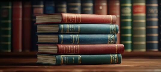 Naklejka premium Classic Leather Bound Books on a Wooden Surface in Library Setting