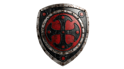 a red and black shield with a cross on it