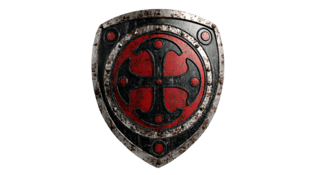 a red and black shield with a cross on it