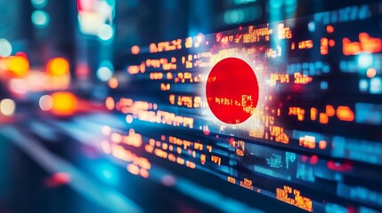 Fototapeta premium Japan flag superimposed on LED ticker tape screen displaying Nikkei index movements financial trends in vibrant cityscape