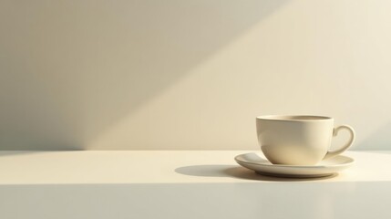 Serene morning light illuminating a simple coffee cup and saucer on a pristine white surface