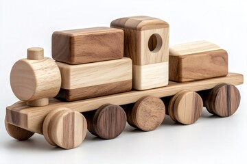 Wooden toy train carrying cargo is waiting for departure