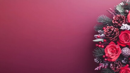 Beautiful floral display highlighting red roses, pine cones, and winter greenery on a rich burgundy backdrop, perfect for holiday decor