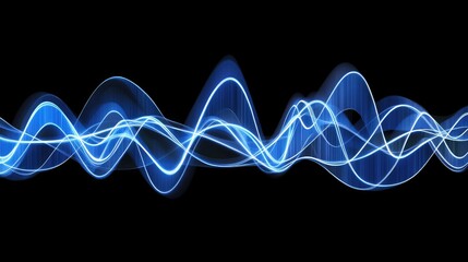 Abstract digital communication waves with glowing blue frequency lines flowing in dynamic motion