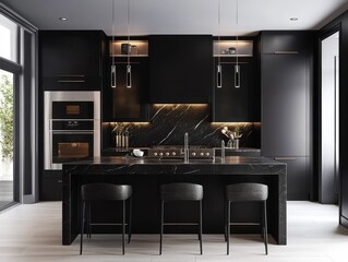 A modern kitchen with a dark color palette