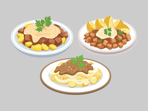 vector illustration of a russian food Befstroganov (A Traditional Version of Beef Stroganoff, Usually Served with Potatoes)