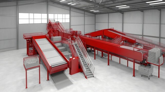 Bright interior of plant showing parallel conveyor systems at work