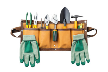 PNG Gardening tool belt with gloves and essential tools for plant care