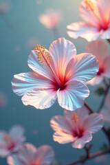 Fototapeta premium A Delicate Pink Hibiscus Blossom in Soft Light, Illuminated Petals, Gentle Breeze, Natural Beauty, Vibrant Colors