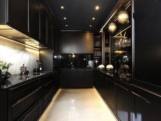 A modern all black kitchen displays elegant details of design