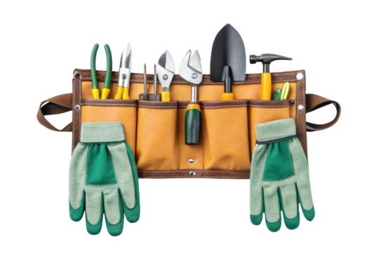 PNG Gardening tool belt with gloves and essential tools for plant care
