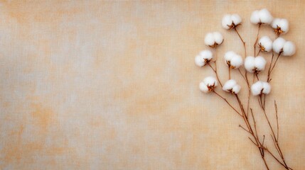 Fototapeta premium A branch of cotton with soft white bolls rests against a textured beige background, highlighting natural beauty and simplicity