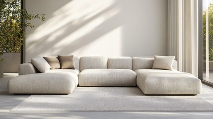 Cozy L-shaped minimalist couch arranged in a sunlit corner space