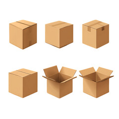 Fototapeta premium Six Brown Cardboard Boxes in Various Open and Closed Positions on Transparent Background, PNG