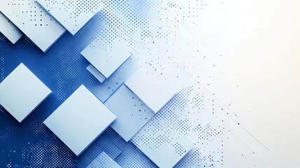 Abstract blue gradient geometric squares shape  on white background with halftone dots decoration. Modern simple diagonal overlay layer geometric shape creative design with space for your