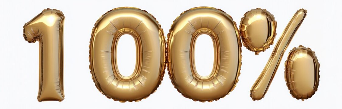 Shiny gold metallic balloons shaped as the number one hundred percent on a white background representing full completeness and achievement